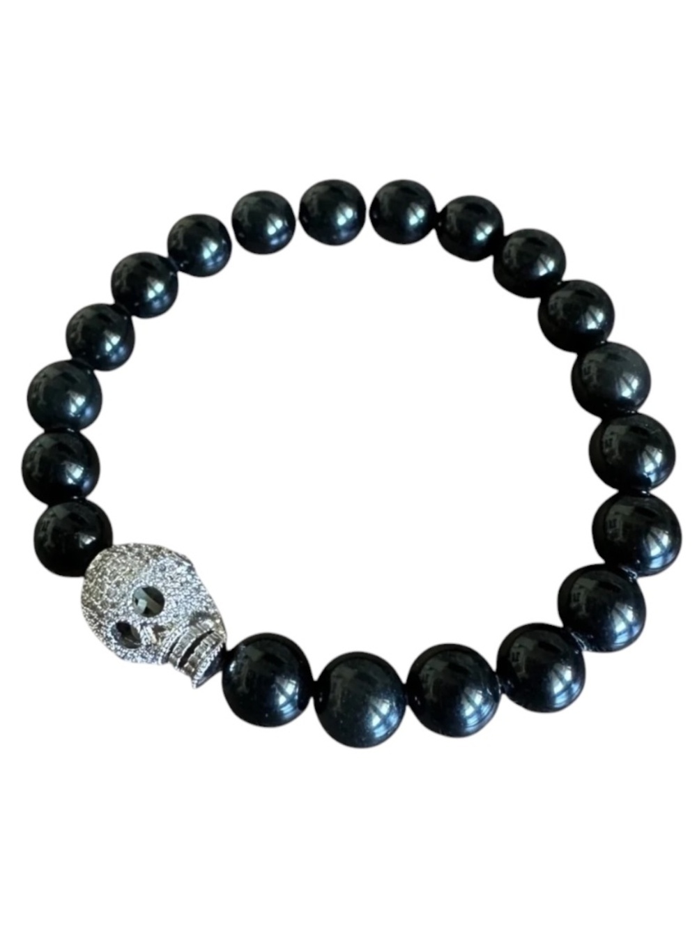 Black Onyx Skull Bracelet | 8mm Beaded Stretch | Pavé Silver Skull | Edgy Luxe